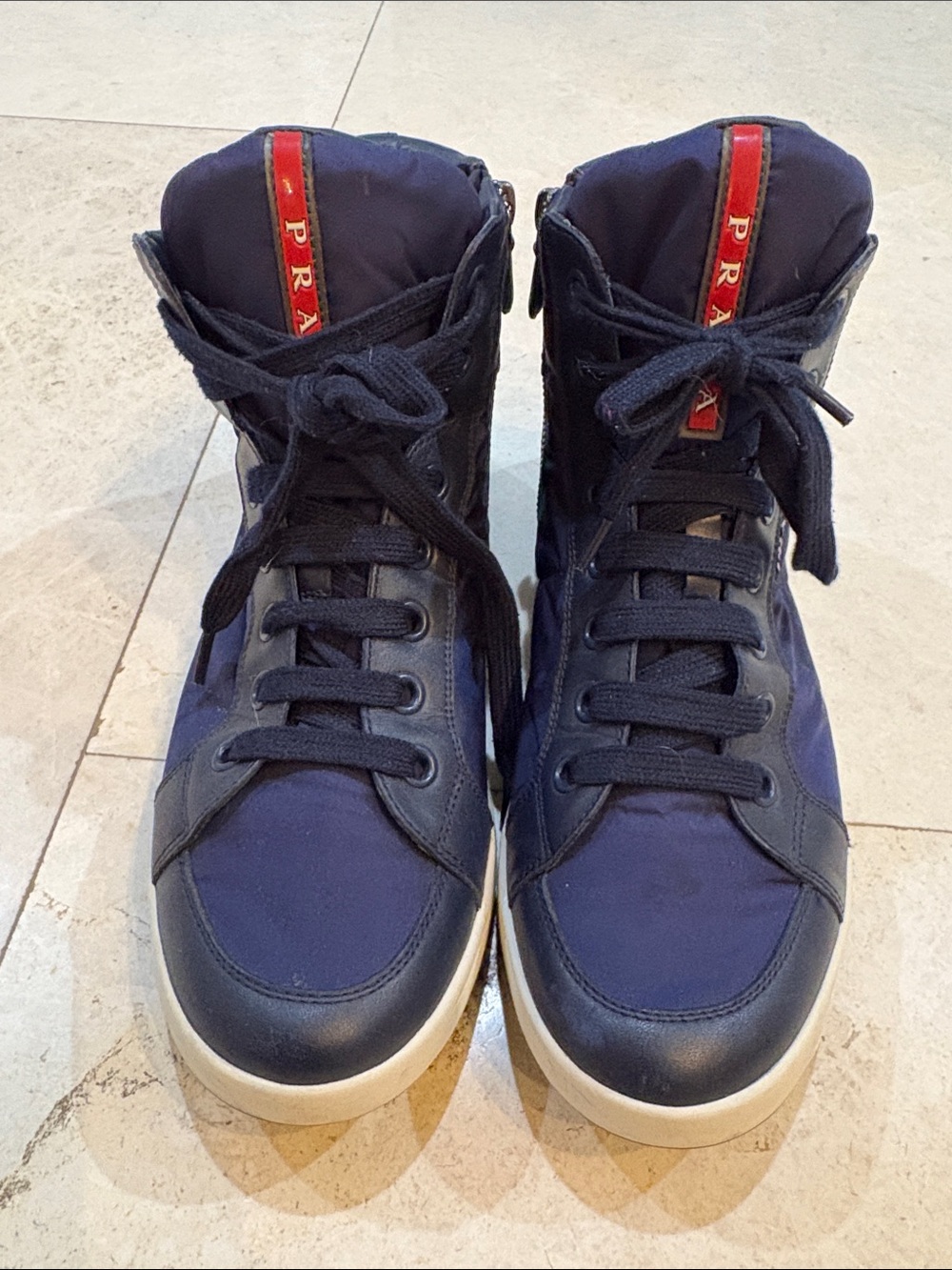Prada Navy and Red High-Top Sneakers